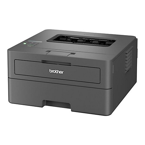Grauer Brother Laserdrucker vor weißem Hintergrund.