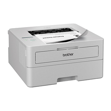 Weißer Brother Laserdrucker auf weißem Hintergrund, der ein Blatt Papier mit dem Text Employee Contract ausgibt.