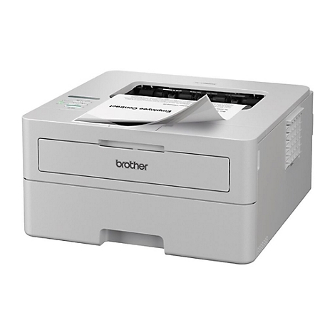 Kompakter, weißer Brother Laserdrucker auf weißem Hintergrund mit einem ausgedruckten Arbeitsvertrag im Ausgabefach.