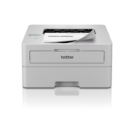 Ein weißer Brother Laserdrucker druckt ein Dokument mit der Aufschrift Employee Contract vor weißem Hintergrund.