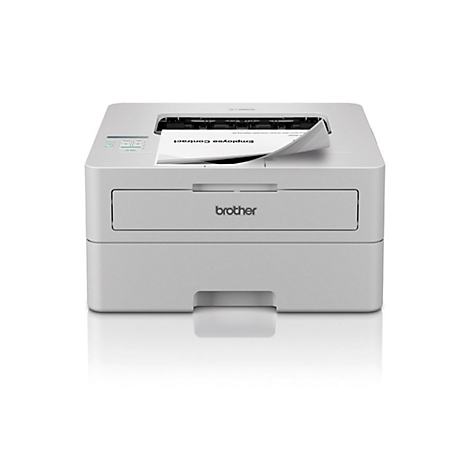 Kompakter weißer Brother Laserdrucker vor neutralem Hintergrund mit einem gedruckten Arbeitsvertrag im Ausgabefach.