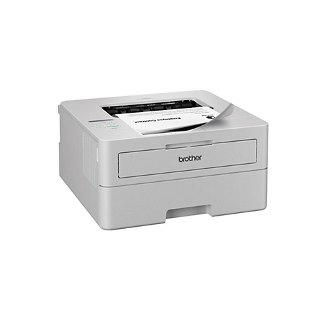Kompakter weißer Brother Laserdrucker vor weißem Hintergrund mit einem ausgedruckten Blatt Papier oben.
