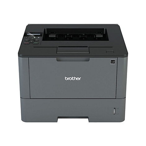 Grauer Brother-Laserdrucker auf weißem Hintergrund, mit Schriftzug 'brother'.