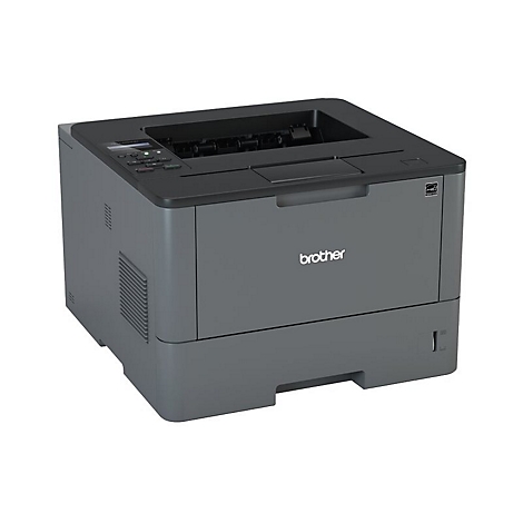 Dunkelgrauer Brother Laserdrucker mit schwarzem Deckel. Auf der Vorderseite steht der Markenname.