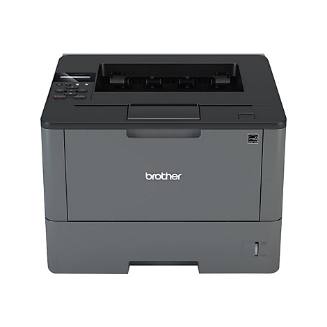Ein grauer Brother-Laserdrucker. Der Drucker ist rechteckig mit Bedienfeld, Papierschacht und dem Brother-Logo.