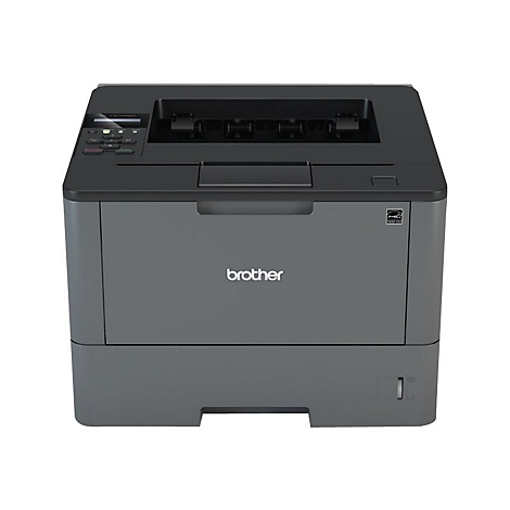 Ein grauer Brother-Laserdrucker vor weißem Hintergrund. Das Brother-Logo ist deutlich sichtbar.