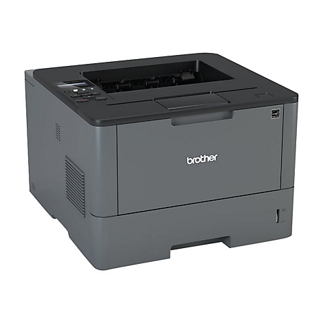 Grauer Brother Laserdrucker. Auf der Oberseite befinden sich Knöpfe und ein Einzug. Das Brother Logo ist zu sehen.