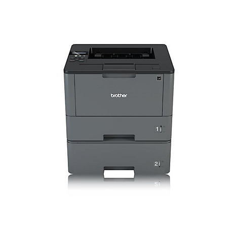 Ein grauer Brother-Laserdrucker vor weißem Hintergrund. Zwei Papierfächer, Bedienelemente und Markenlogo sichtbar.