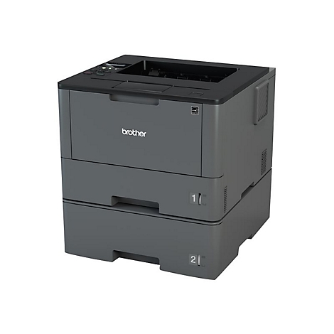 Ein grauer Brother-Laserdrucker mit zwei Papierschubladen. Aufschrift 'brother'. Die Schubladen sind mit '1' und '2' markiert.
