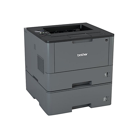 Dunkelgrauer Laserdrucker der Marke Brother, zwei Papierfächer.