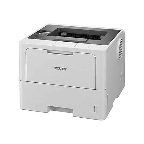 Ein weißer Brother-Laserdrucker vor weißem Hintergrund, mit Logo.