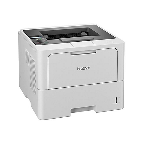 Weißer Laserdrucker der Marke Brother mit Bedienfeld und Papierschacht.