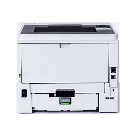 Weißer Laserdrucker. Schwarze Abdeckung, Papierschublade geöffnet.
