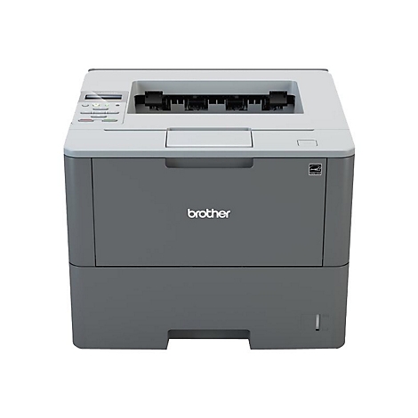 Ein grauer Laserdrucker der Marke Brother. Das Bedienfeld ist oben links, das Logo mittig.
