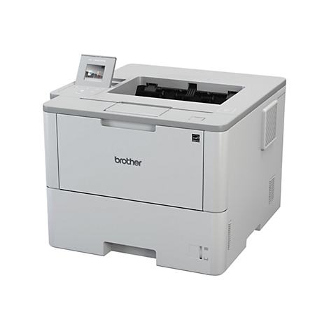 Grauer Laserdrucker mit Display und Logo 'Brother'. Aufschrift 'HL-L6400DW'.