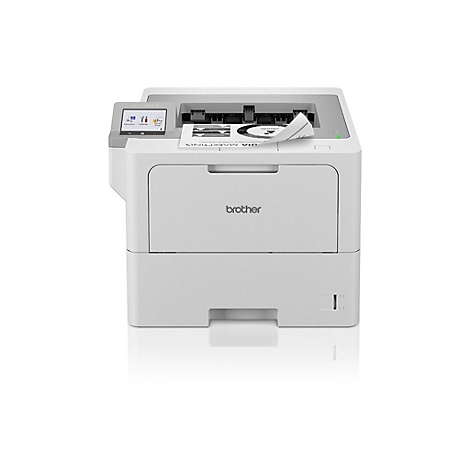 Weißer Drucker der Marke Brother, Papierausdruck, Bedienfeld, Text: MARKETING.