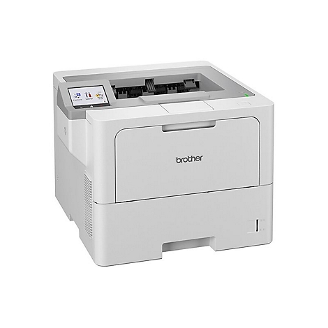Weißer Brother-Laserdrucker mit Display, vor weißem Hintergrund.