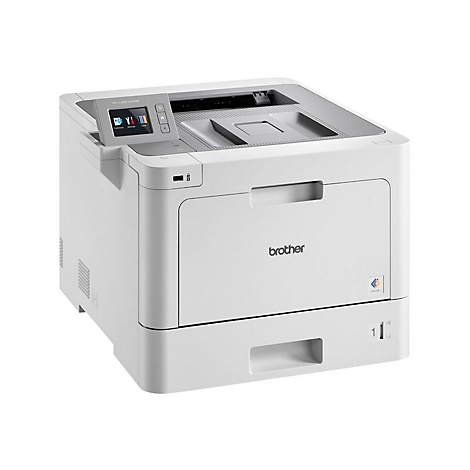 Weißer Laserdrucker von Brother. Auf der Vorderseite das Logo und ein Bedienfeld mit Bildschirm.