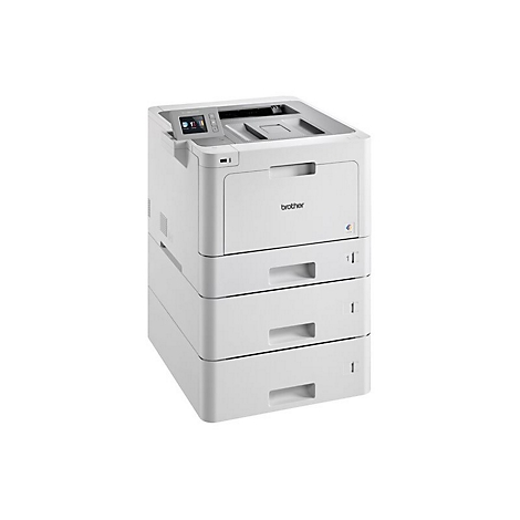 Weißer Drucker der Marke Brother. Der Drucker hat mehrere Papierfächer und ein Bedienfeld.