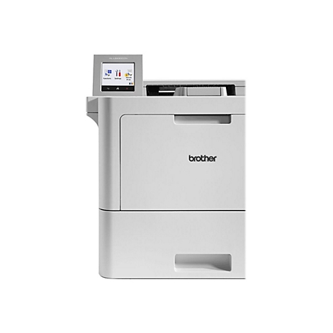 Weißer Drucker mit Bedienfeld und Brother-Logo. Oberhalb des Papierausgabefachs ist eine kleine Klappe.