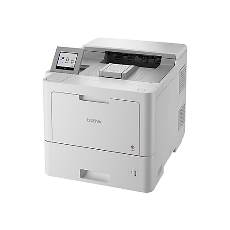 Weißer Farblaserdrucker von Brother, mit Bedienfeld, Papierausgabefach und kleinem Bildschirm.