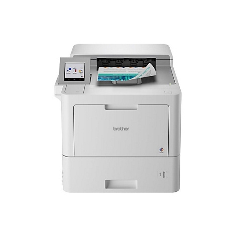 Ein weißer Drucker von Brother mit farbigem Touchscreen, Papierauswurf und einem Ausdruck.