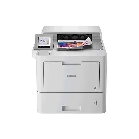 Weißer Brother-Farblaserdrucker mit farbigem Display, bedrucktem Papier und Logo.