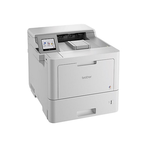 Weißer Brother-Farblaserdrucker, Touchscreen, Bedienfeld, Papierausgabefach.