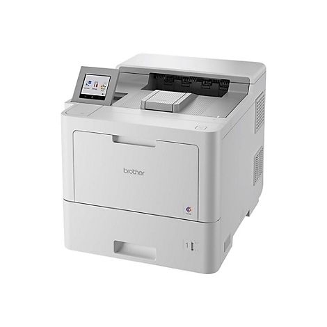 Ein weißer Brother-Farblaserdrucker mit Touchscreen, Detailansicht.