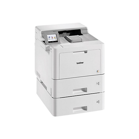 Weißer Brother-Farblaserdrucker mit zwei Papierschubladen und Touchscreen-Bedienfeld. Der Drucker steht auf weißem Hintergrund.