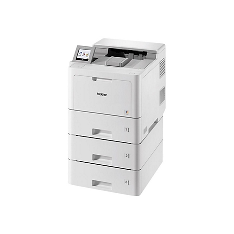 Weißer Brother-Farblaserdrucker mit drei Papierschubladen und Bedienfeld.