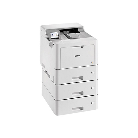 Weißer Brother-Drucker mit drei Papierschubladen. Oben befindet sich ein Touchscreen. Das Brother-Logo ist deutlich sichtbar.