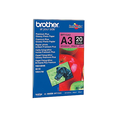 Brother A3 Premium Plus Hochglanz-Fotopapier, 20 Blatt, mit Produktbeschriftungen und Früchte-Design.