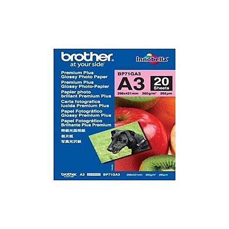 Produktverpackung von Brother A3 Hochglanz-Fotopapier mit 20 Blatt und farbenfrohem Früchte- und Hundemotiv.