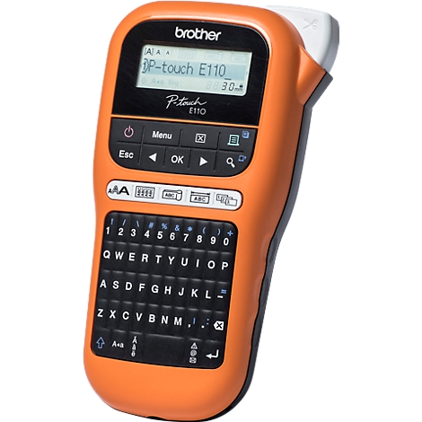 An orange Brother P-touch E110 label maker with keyboard and display.