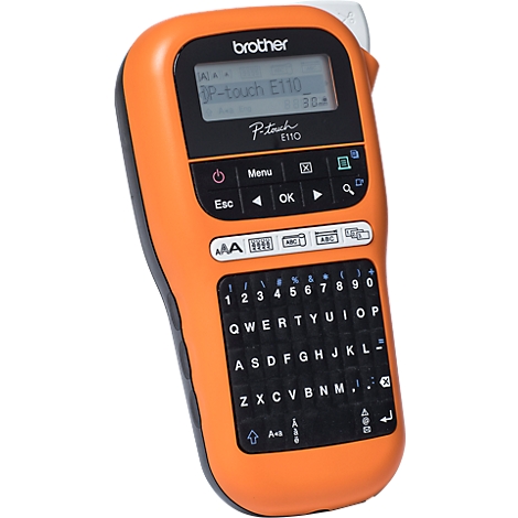 Orange Brother P-touch E110 label maker with black keyboard and display showing text.