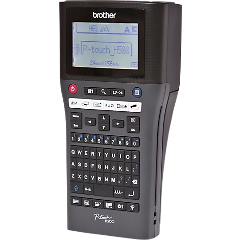 Grey Brother P-touch H500 label maker with display and keyboard. Text is shown on the display.