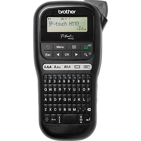 Black Brother P-Touch H110 label maker with keyboard and display. The display reads 'P-touch H110'.