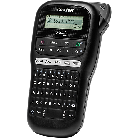 Black Brother P-touch H110 label maker with keyboard and small display.