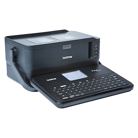 Black Brother P-touch label maker. The device has a keyboard, a display and a handle.