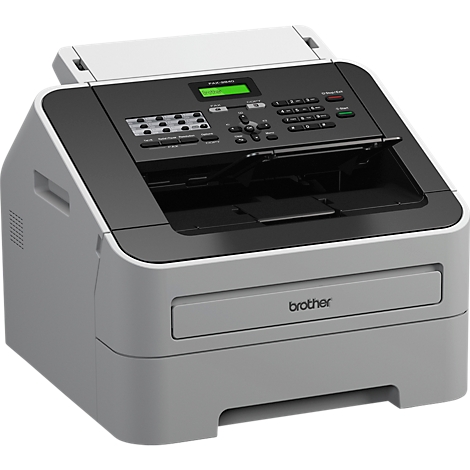 Ein grauer Brother-Faxdrucker mit schwarzer Oberseite, Bedienfeld und grüner Anzeige.