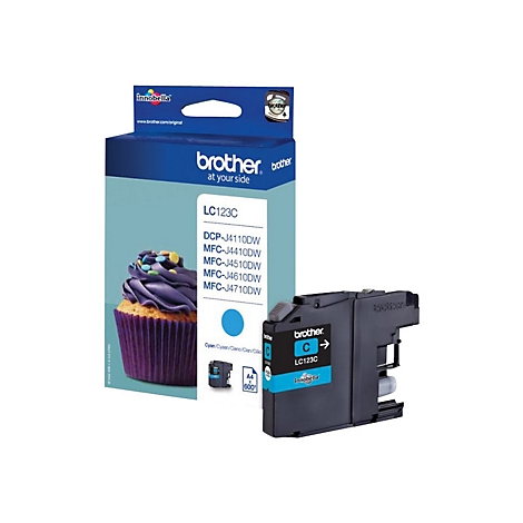 Tintenpatrone von Brother und Verpackung mit einem Cupcake-Motiv. Auf der Patrone steht LC123C.