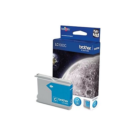 Blau-weiße Brother Druckerpatrone LC1000C, mit geöffneter Verpackung, abgebildet. Auf der Verpackung befinden sich die Schriftzüge: "innobella", "brother", "at your side" sowie "LC1000C".