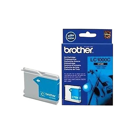 Eine blaue Tintenpatrone und die Verpackung, beide mit "Brother" und "LC1000C CYAN" beschriftet.
