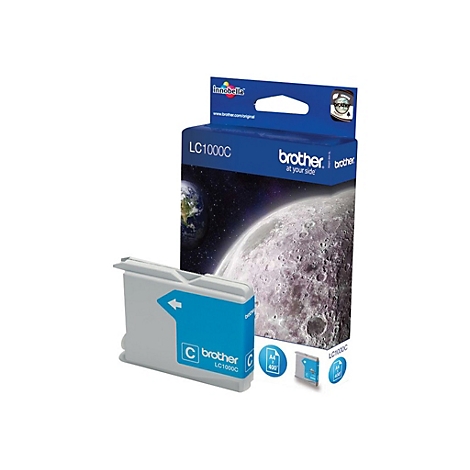 Tintenpatrone von Brother und Produktverpackung. Die Packung zeigt eine Mondlandschaft. Auf der Patrone steht LC1000C.