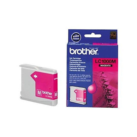 Zwei Brother Tintenpatronen und Verpackung. Auf der Kartusche steht: Magenta, LC1000M. Auf der Verpackung steht: LC1000M Magenta.