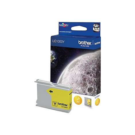 Gelbe Brother Tintenpatrone LC1000Y, gelber Aufdruck, Box mit Mond- und Erdbild.