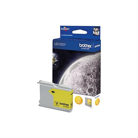 Gelbe Brother Tintenpatrone LC1000Y vor Verpackung mit Mondlandschaft. Aufdruck: Brother, LC1000Y, A4, 400 Seiten.