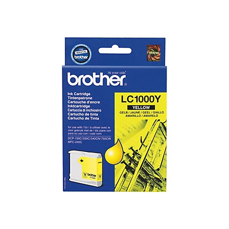 Gelbe Brother Tintenpatrone LC1000Y mit Produktinformationen auf der Verpackung.