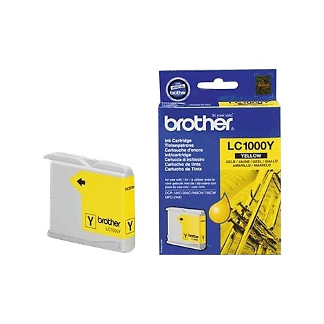 Une cartouche d'encre jaune et un emballage avec le logo Brother et des informations sur le produit.